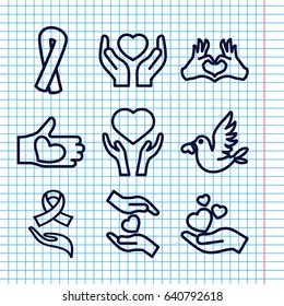 Set of 9 hope outline icons such as ribbon, heart on hand, hands holding heart