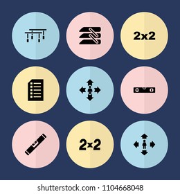 Set of 9 horizontal filled icons such as man move, level ruler, blackboard, blinds, horizontal bar