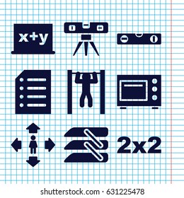 Set of 9 horizontal filled icons such as man move, level ruler, bar   tightening, blinds, paper, microwave, blackboard