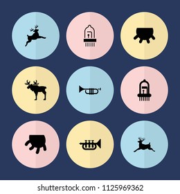 Set of 9 horn filled icons such as udder, deer, trumpet, musical instrument