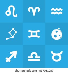 Set Of 9 Horoscope Icons Set.Collection Of Lunar, Water Bearer, Ram And Other Elements.