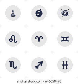 Set Of 9 Horoscope Icons Set.Collection Of Zodiac Sign, Lion, Augur And Other Elements.