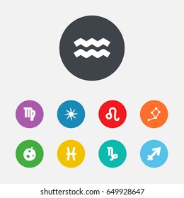 Set Of 9 Horoscope Icons Set.Collection Of Lunar, Solar, Fishes And Other Elements.