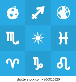 Set Of 9 Horoscope Icons Set.Collection Of Ram, Fishes, Goat And Other Elements.