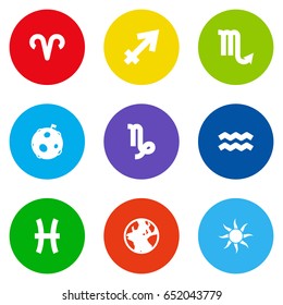 Set Of 9 Horoscope Icons Set.Collection Of Earth Planet, Lunar, Zodiac Sign And Other Elements.