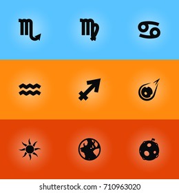Set Of 9 Horoscope Icons Set.Collection Of Crab, Lunar, Archer And Other Elements.