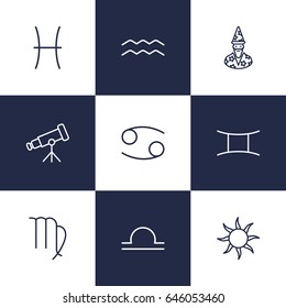 Set Of 9 Horoscope Outline Icons Set.Collection Of Libra, Astrologer, Gemini And Other Elements.