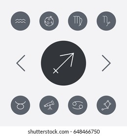 Set Of 9 Horoscope Outline Icons Set.Collection Of Virgo, Taurus, Telescope And Other Elements.