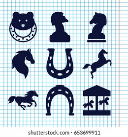 Set of 9 horse filled icons such as horse, baby toy, horseshoe, horse chess