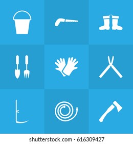 Set Of 9 Horticulture Icons Set.Collection Of Garden Hose, Hacksaw, Tools And Other Elements.