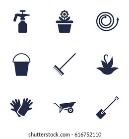 Set Of 9 Horticulture Icons Set.Collection Of Rake, Latex, Bucket And Other Elements.