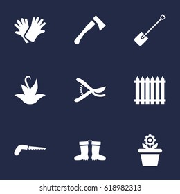 Set Of 9 Horticulture Icons Set.Collection Of Axe, Rubber Boots, Fence And Other Elements.