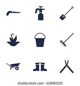 Set Of 9 Horticulture Icons Set.Collection Of Shovel, Wheelbarrow, Hacksaw And Other Elements.