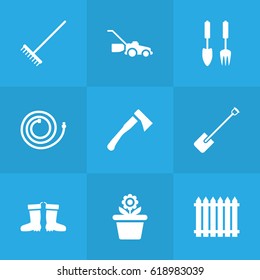 Set Of 9 Horticulture Icons Set.Collection Of Tools, Fence, Rake And Other Elements.