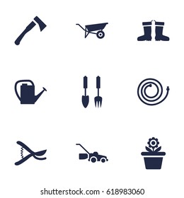 Set Of 9 Horticulture Icons Set.Collection Of Rubber Boots, Garden Hose, Watering Can And Other Elements.