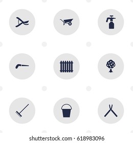 Set Of 9 Horticulture Icons Set.Collection Of Hacksaw, Rake, Scissors And Other Elements.