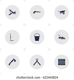 Set Of 9 Horticulture Icons Set.Collection Of Bucket, Axe, Wheelbarrow And Other Elements.