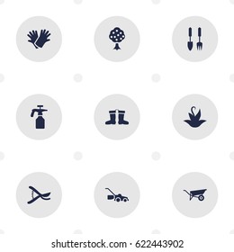 Set Of 9 Horticulture Icons Set.Collection Of Spray Bootle, Garden, Lawn Mower And Other Elements.