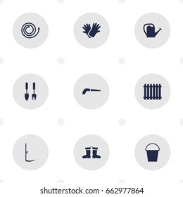 Set Of 9 Horticulture Icons Set.Collection Of Hacksaw, Bucket, Fence And Other Elements.