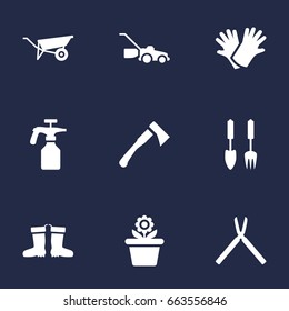 Set Of 9 Horticulture Icons Set.Collection Of Flowerpot, Rubber Boots, Axe And Other Elements.