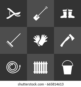 Set Of 9 Horticulture Icons Set.Collection Of Bucket, Fence, Axe And Other Elements.