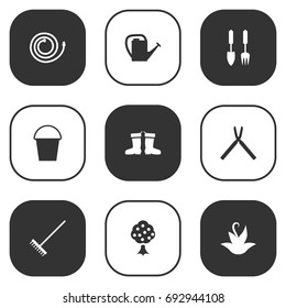 Set Of 9 Horticulture Icons Set.Collection Of Scissors, Rake, Garden And Other Elements.