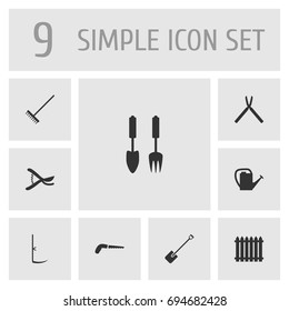 Set Of 9 Horticulture Icons Set.Collection Of Scissors, Pruner, Rake And Other Elements.