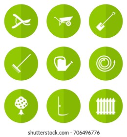 Set Of 9 Horticulture Icons Set.Collection Of Garden Hose, Watering Can, Wheelbarrow And Other Elements.