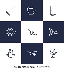 Set Of 9 Horticulture Outline Icons Set.Collection Of Garden, Grass-Cutter, Barrow And Other Elements.