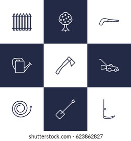 Set Of 9 Horticulture Outline Icons Set.Collection Of Arm-Cutter, Palisade, Scythe And Other Elements.
