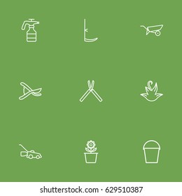 Set Of 9 Horticulture Outline Icons Set.Collection Of Pail, Barrow, Herb And Other Elements.