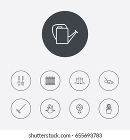 Set Of 9 Horticulture Outline Icons Set.Collection Of Grass-Cutter, Harrow, Palisade And Other Elements.