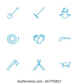 Set Of 9 Horticulture Outline Icons Set.Collection Of Shears, Firehose, Safer Of Hand Elements.