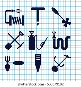 Set of 9 hose filled icons such as shovel and rake, gardening tool, water hose