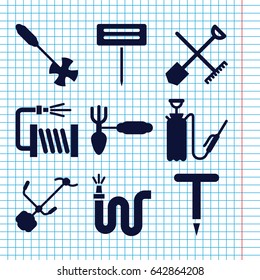 Set of 9 hose filled icons such as shovel and rake, gardening tool, water hose
