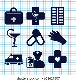 Set of 9 hospital filled icons such as gloves, pill, ambulance, first aid kit, medicine, bandage, doctor prescription