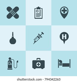 Set of 9 hospital filled icons such as bed, first aid kit, patch, medical location, syringe, medical clipboard, hospital location, enema