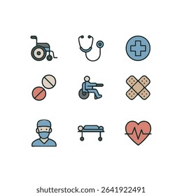Set of 9 Hospital and Medical Icons – Stethoscope, Ambulance, Nurse, Syringe, and Patient Care Symbols in Flat Vector Style