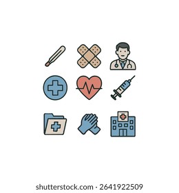 Set of 9 Hospital and Medical Icons – Stethoscope, Ambulance, Nurse, Syringe, and Patient Care Symbols in Flat Vector Style