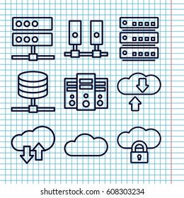 Set of 9 hosting outline icons such as cloud, download upload cloud