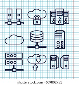 Set of 9 hosting outline icons such as cloud, server, download cloud