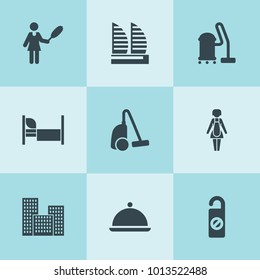 Set of 9 hotel filled icons such as vacuum cleaner, cleaner woman, do not disturb, building, bed, housewife, hotel