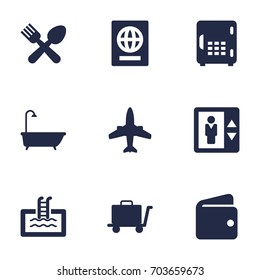 Set Of 9 Hotel Icons Set.Collection Of Lift, Airplane, Strongbox And Other Elements.