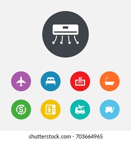 Set Of 9 Hotel Icons Set.Collection Of Bathtub, Airplane, Bedroom And Other Elements.