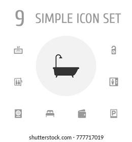 Set Of 9 Hotel Icons Set.Collection Of Chiller, Bathtub, Billfold And Other Elements.