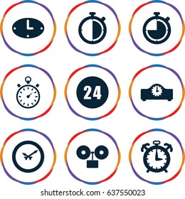 set of 9 hour filled icons such as stopwatch, wall clock, 24 hours, clock