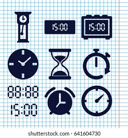 Set of 9 hour filled icons such as hourglass, clock, digital time, pendulum, digital clock, alarm