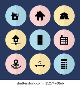 Set of 9 house filled icons such as tent, building, map location, home, intercom, jalousie, hanger