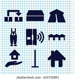 Set of 9 house filled icons such as tent, mop, sponge, gardener jumpsuit, home, garage, house insurance, intercom