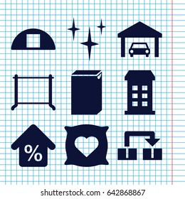 Set of 9 house filled icons such as building, pillow with heart on it, clean, washing machine, hanger, cargo barn, mortgage, garage